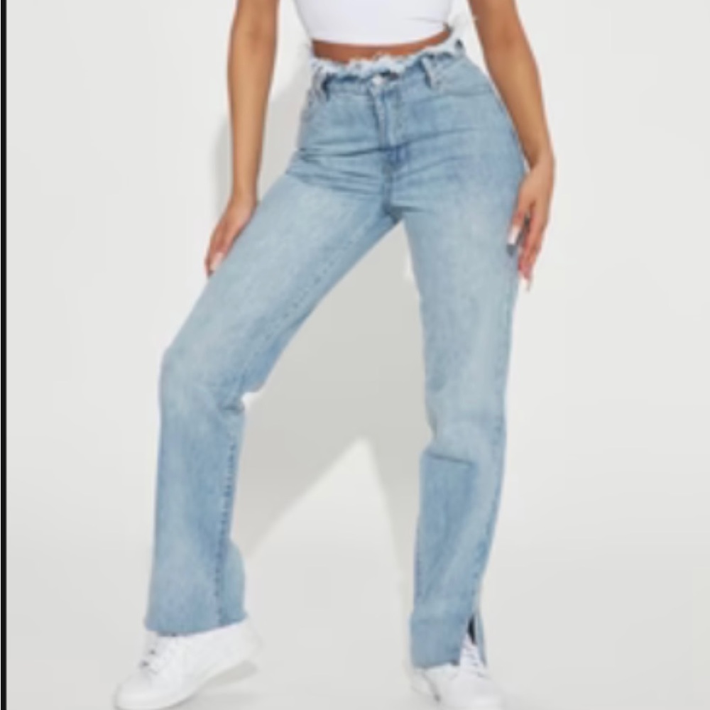 Fashion Nova Jean 🦋 Cut Off Waistband Straight Leg Jeans - Medium Wash